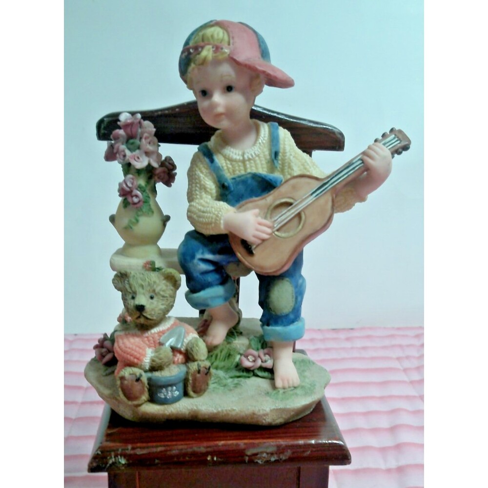 Boy in Denim Overalls Figurine with Guitar & Dog - Resin